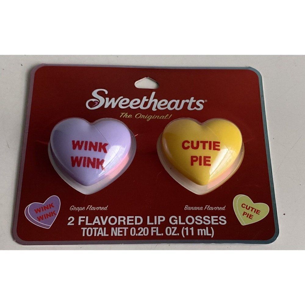 2 Pack Sweethearts Valentines‎ Flavored Lip Gloss Heart Shaped Banana Grape NEW